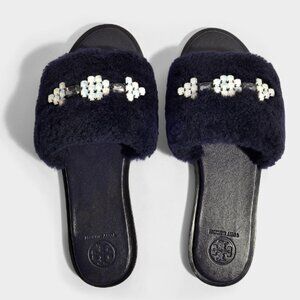 Tory Burch Aspen Embellished Shearling Slides